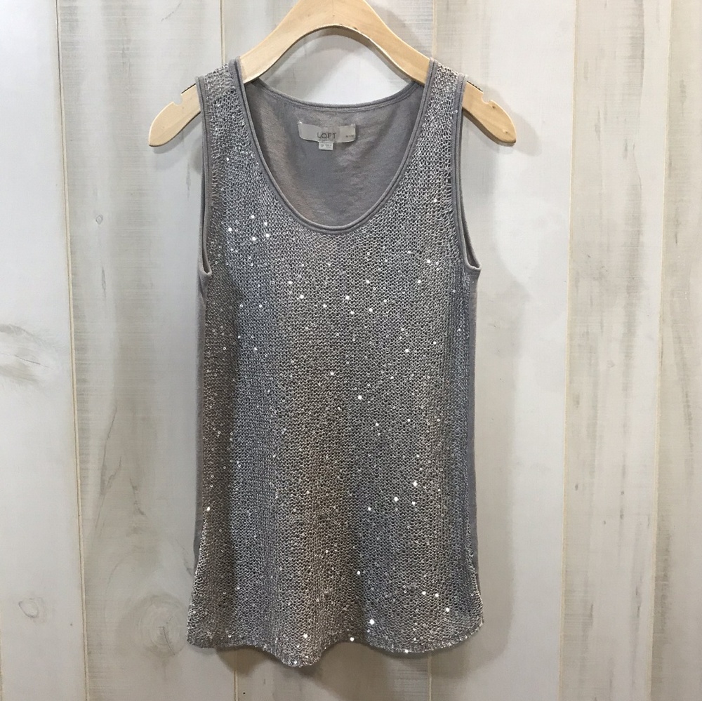 LOFT Gray Sleeveless Sweater Silver Sequins